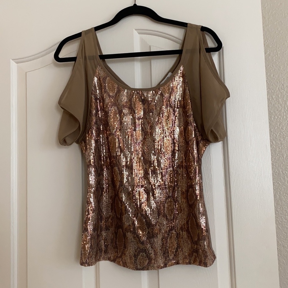 Cache top, chiffon sleeves. Loose fit, new looking